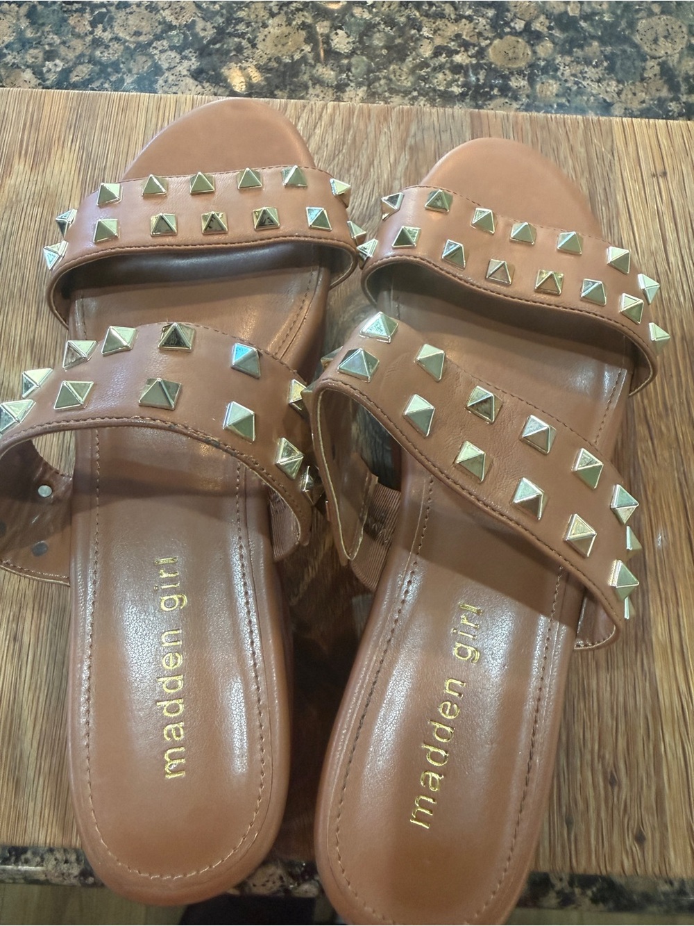 Madden Girl Studded Brown Platform Slide Sandals - Picture 3 of 5